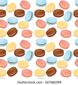 Macaroons seamless colorful pattern. Good for cafe, for bakery shop advertising, invitation, valentine card.Vector illustration