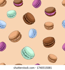 Patrón sin fisuras de macarons. Pasteles dulces coloridos en vector. Para tu diseño o tela.