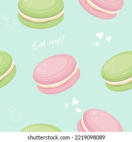 Macaroons seamless pattern. Cute candy macaron print. Assorted confectionery. Cartoon bakery biscuits. Cakes pastel set. 