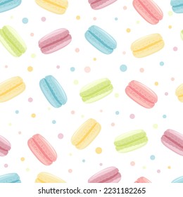 Macaroons seamless pattern. Cute candy macaron print. Cartoon bakery biscuits. 