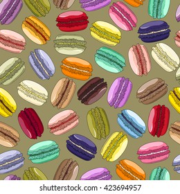 Macaroons seamless pattern. French sweet Hand drawn Desserts on background. Can be used for menu, in food industry, for posters, wrapping paper