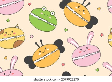 Macaroons seamless pattern. Repeating image for printing on fabric. Beautiful packaging for gifts for children. Stylish minimalistic background, fictional characters. Cartoon flat vector illustration