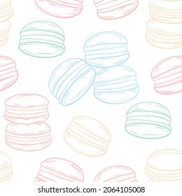 Macaroons seamless pattern, vector illustration. Background with tender traditional French cookies. Cute template with freehand sketches of baking for wallpaper, fabric and packaging.