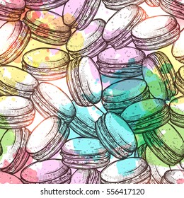 Macaroons Sketch Colorful Seamless Pattern With Watercolor Effect