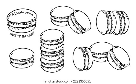 Macaroons sketch hand drawn collection. Macaron sweet. Culinary and cooking concept. Confectionery. Bakery, shop, menu sign or logo. Vector illustration.