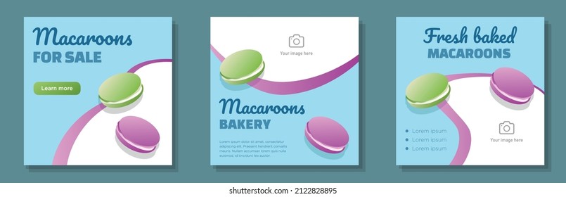 Macaroons social media post, square banner set, colorful delicious food advertisement concept, french macaron cookie marketing ad, modern creative flyer, isolated on background.