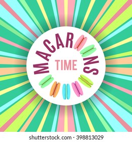 Macaroons store emblem over background with bright color retro sun rays. Fresh bakery. Can be used in food industry for menu, posters, wrapping paper. Abstract sun rays background. Vector 