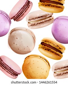 Macaroons Vector watercolor. Vintage pattern desserts with berry fruits. summer texture