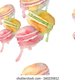 Macaroons watercolor seamless pattern. Hand drawn vectorized illustration, eps10