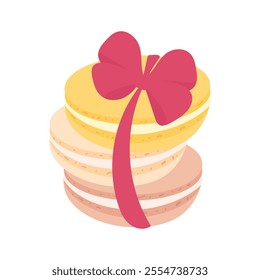 Macaroons wrapped with ribbon. Concept of delicious dessert and sweets. Sweet and cute colorful macarons with different flavors. Flat vector illustration.