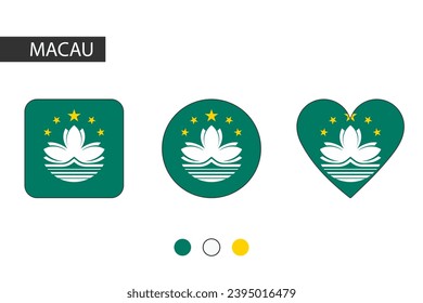 Macau 3 Formen (Quadrat, Kreis, Herz) mit Stadtflagge. Einzeln auf weißem Hintergrund.
