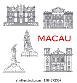 Iconos de fachada de la arquitectura de Macao, famosos edificios históricos religiosos. Iglesia vectorial St Joseph, diosa A-ma y estatua de Kun Iam, catedral de la Natividad y Santa Casa de la Misericordia