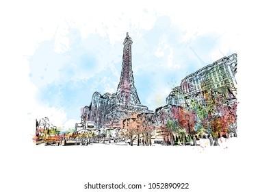 Macau is an autonomous region on the south coast of China, across the Pearl River Delta from Hong Kong. watercolor splash with Hand drawn sketch illustration in vector.