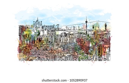 Macau is an autonomous region on the south coast of China, across the Pearl River Delta from Hong Kong. watercolor splash with Hand drawn sketch illustration in vector.