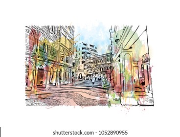 Macau is an autonomous region on the south coast of China, across the Pearl River Delta from Hong Kong. watercolor splash with Hand drawn sketch illustration in vector.