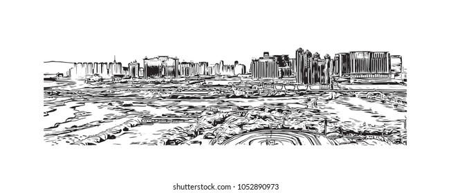 Macau is an autonomous region on the south coast of China, across the Pearl River Delta from Hong Kong. Hand drawn sketch illustration in vector.