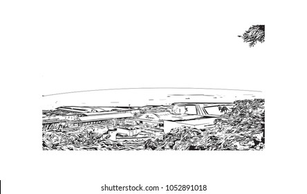 Macau is an autonomous region on the south coast of China, across the Pearl River Delta from Hong Kong. Hand drawn sketch illustration in vector.