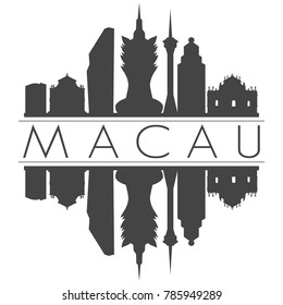 Macau China Asia Skyline Vector Art Mirror Silhouette Emblematic Buildings 