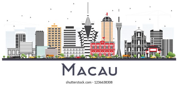 Macau China City Skyline with Gray Buildings Isolated on White. Vector Illustration. Business Travel and Tourism Concept with Modern Architecture. Macau Cityscape with Landmarks.