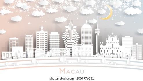 Macau China City Skyline in Paper Cut Style with White Buildings, Moon and Neon Garland. Vector Illustration. Travel and Tourism Concept. Macau Cityscape with Landmarks.