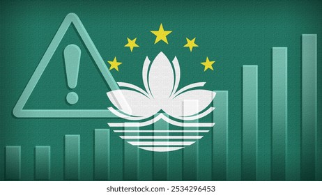 Macau China flag with burlap texture, warning sign, and rising bar chart symbolizing increasing risk or growth challenges in the country. Ideal for data presentations.