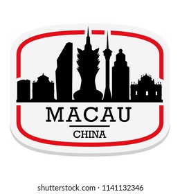Macau China Label Stamp Icon Skyline City Design Tourism Landmark Badge.