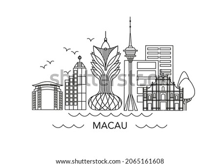 Macau, China line art drawing. Modern style Macau city illustration