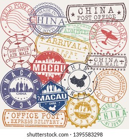 Macau China Set of Stamps. Travel Stamp. Made In Product. Design Seals Old Style Insignia.