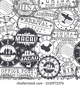 Macau China Stamps. City Stamp Vector Art. Postal Passport Travel. Design Set Pattern.