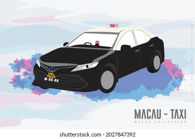 Macau China Taxi. Macao Taxi. Vector Illustration.   Letters on the top of car With Chinese Means Taxi, Letters inside the car with Chinese mean Empty car.

