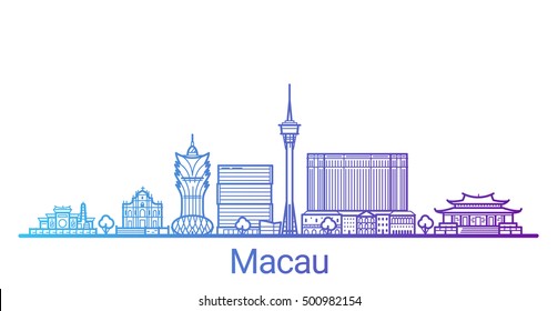 Macau city colored gradient line. All Macau buildings - customizable objects with opacity mask, so you can simple change composition and background fill. Line art.