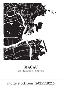 Macau city map. Travel poster vector illustration with coordinates. Macao, China Vector Map in dark mode.