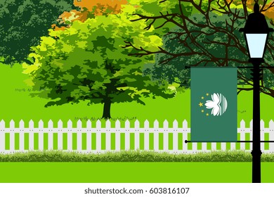 Macau Flag, Landscape of Park, Trees, Fence wooden and Street light Vector Illustration 