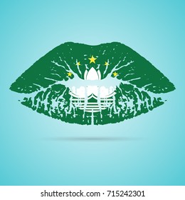 Macau Flag Lipstick On The Lips Isolated On A White Background. Vector Illustration. Kiss Mark In Official Colors And Proportions. Independence Day