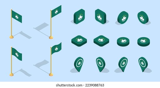 Macau flag (Macao Special Administrative Region of China). 3D isometric flag set icon. Editable vector for banner, poster, presentation, infographic, website, apps, maps, and other uses.