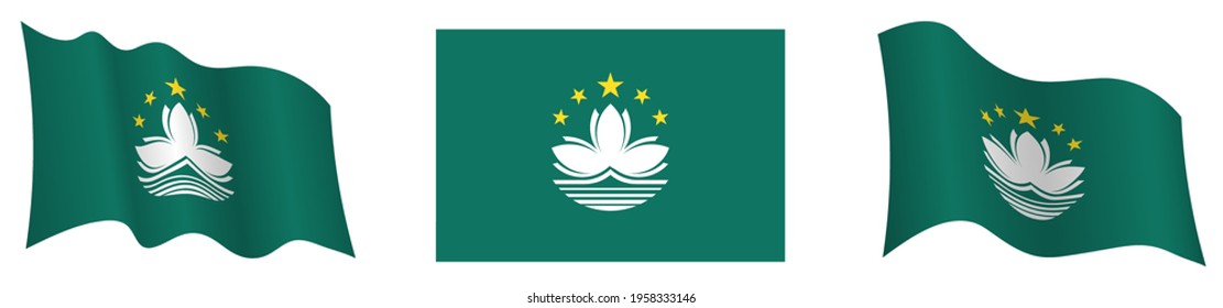 Macau flag in static position and in motion, fluttering in wind in exact colors and sizes, on white background