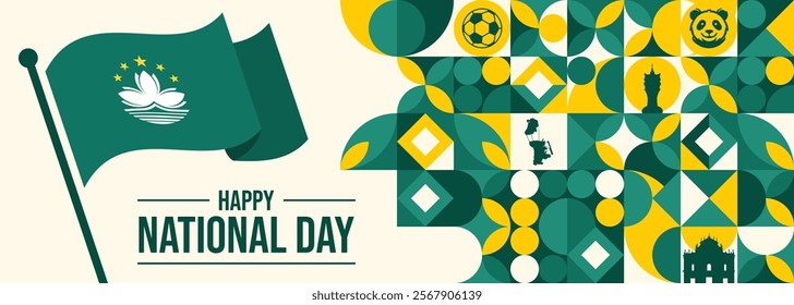 Macau happy national day greeting card, banner vector illustration. Macao holiday 1st of October design element with flag
