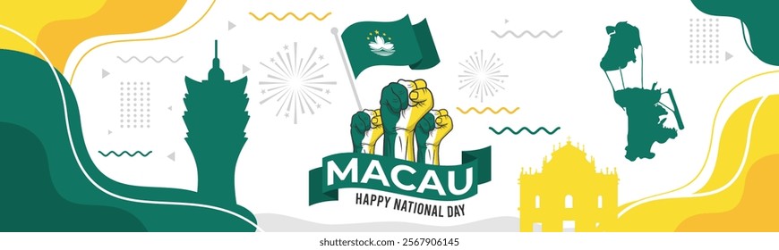 Macau happy national day greeting card, banner vector illustration. Macao holiday 1st of October design element with flag
