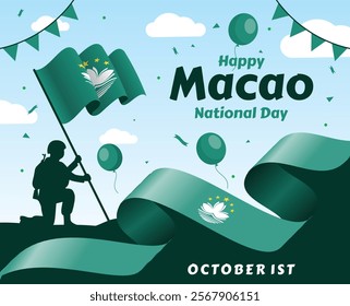 Macau happy national day greeting card, banner vector illustration. Macao holiday 1st of October design element with flag
