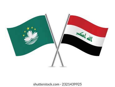 Macau und Irak überquerten Flaggen. Macanische und irakische Flaggen einzeln auf weißem Hintergrund. Vektorsymbol-Set. Vektorgrafik. 