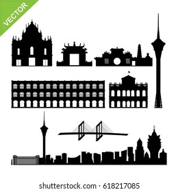 Macau landmark and skyline silhouettes vector