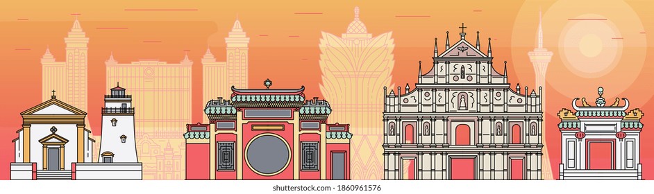 Macau landmarks and tourists attractions background or banner template, sketch cartoon vector illustration. Chinese skyline panorama view - travel and tourism concept.