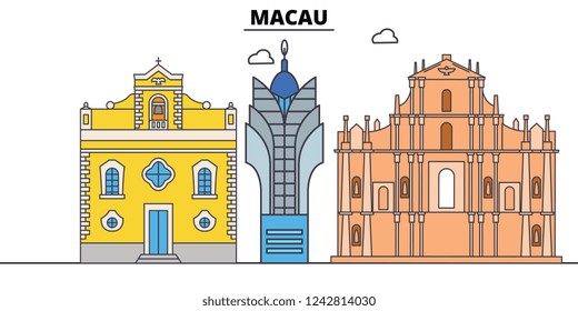 Macau line skyline vector illustration. Macau linear cityscape with famous landmarks, city sights, vector, design landscape.