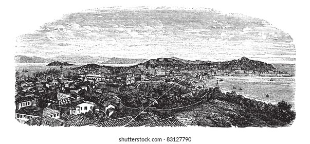 Macao o Macao, durante la década de 1890, grabado vintage. Vieja ilustración de Macao. Enciclopedia Trousset (1886-1891).