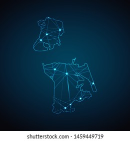 Macau Map - Abstract geometric mesh polygonal network line, structure and point scales on dark background with lights in the form of cities. Vector illustration eps 10.