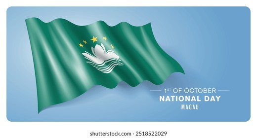 Macau national day vector banner, greeting card. Macao wavy flag in 1st of October patriotic holiday horizontal design with realistic flag