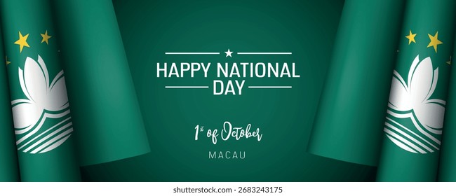 Macau national day vector banner, greeting card. Macau wavy flag in 1st of October national patriotic holiday horizontal design