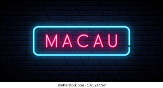 Macau Neon Sign. Bright Light Signboard. Vector Banner.