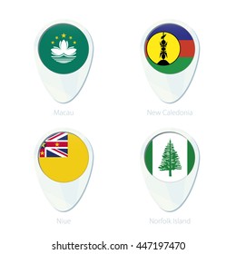 Macau, New Caledonia, Niue, Norfolk Island flag location map pin icon. Vector Illustration.