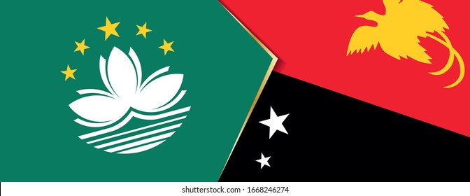 Macao y Papua Nueva Guinea banderas, dos banderas vectoriales símbolo de relación o enfrentamiento.